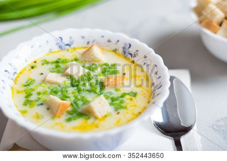 Creamy Potato Soup With Croutons And Fresh Herbs