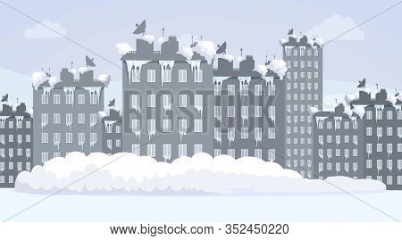 Snow Covered City Vector Flat Illustration. Winter Urban Landscape, City Streets, Skyscrapers And Hi