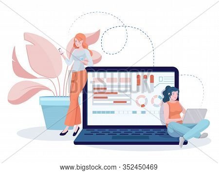 Young Girls Developing Websites And Mobile Apps On Laptop And Smartphone Vector Flat Illustration. P