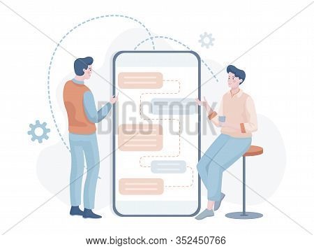 Men Having Discussion About Mobile App Developing Vector Flat Illustration. It Specialists Building 