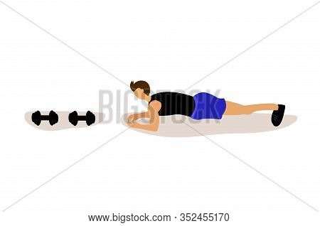 Vector Illustration Workout In Flat Style. Man Doing Plank Exercise In Fitness Gym. About Are 2 Blac