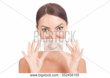 Beautiful Woman After Nose Surgery Done Showing On A Phone Screen Her Before Operation Nose Isolated