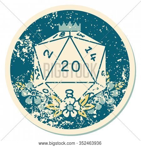 iconic distressed sticker tattoo style image of a d20