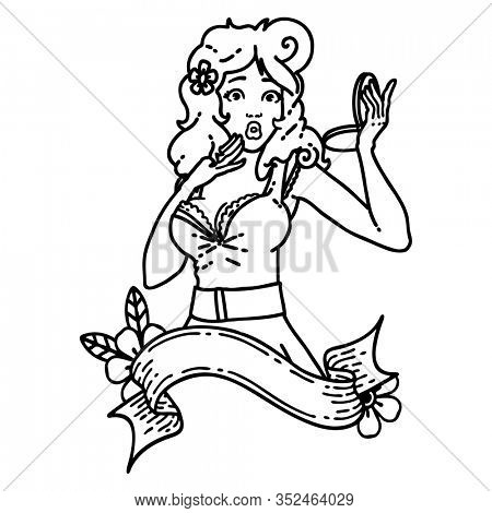 tattoo in black line style of a pinup surprised girl with banner