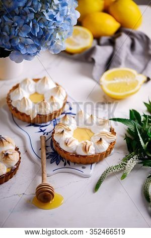 Vegan Lemon Meringue Tart. Style Vintage. Selective Focus