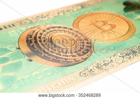 Bitcoin Mining Isolated On White Background. Gold Cryptocash. Litecoin, Ethereum Cryptocurrency Conc