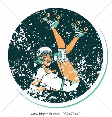 distressed sticker tattoo in traditional style of a pinup roller derby girl