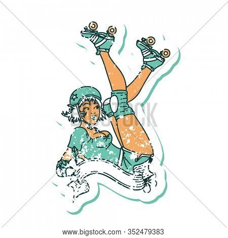 distressed sticker tattoo in traditional style of a pinup roller derby girl with banner