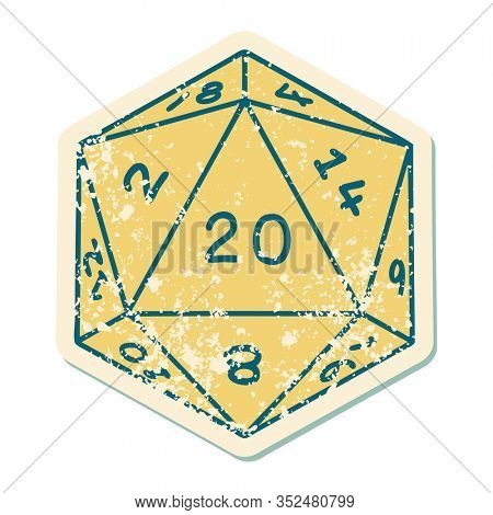 iconic distressed sticker tattoo style image of a d20 dice