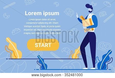 Man Holding Paper Bag With Bread And Cookie From Bakery Flat Cartoon Banner Vector Illustration. Cus