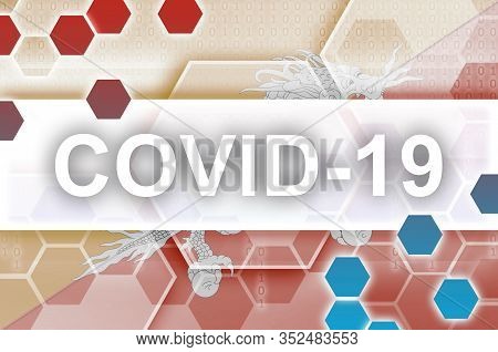 Bhutan Flag And Futuristic Digital Abstract Composition With Covid-19 Inscription. Coronavirus Outbr
