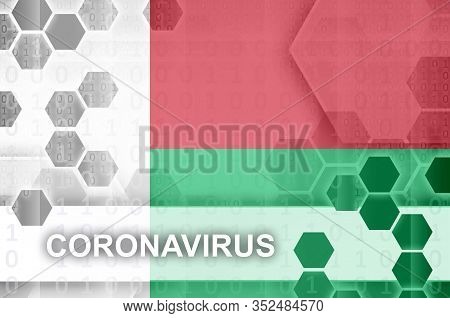 Madagascar Flag And Futuristic Digital Abstract Composition With Coronavirus Inscription. Covid-19 O