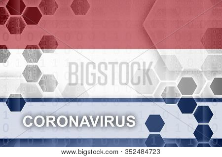 Netherlands Flag And Futuristic Digital Abstract Composition With Coronavirus Inscription. Covid-19 