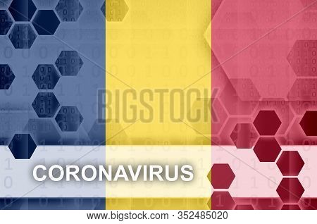 Chad Flag And Futuristic Digital Abstract Composition With Coronavirus Inscription. Covid-19 Outbrea