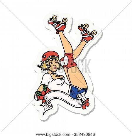 sticker of tattoo in traditional style of a pinup roller derby girl with banner