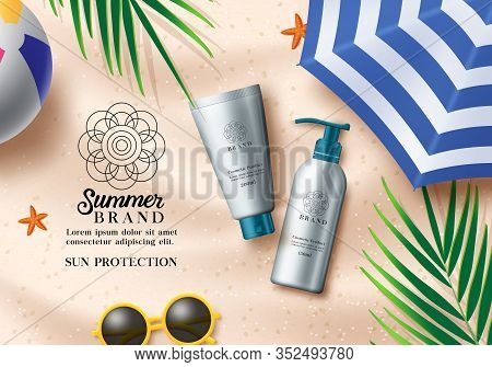 Summer Cosmetic Products Vector Template. Summer Advertising Skin Care Products In Sand Beach Backgr