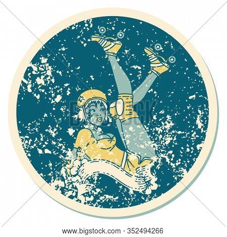 distressed sticker tattoo in traditional style of a pinup roller derby girl with banner