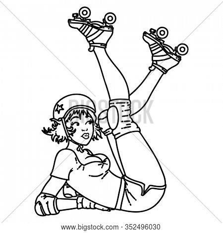 tattoo in black line style of a pinup roller derby girl