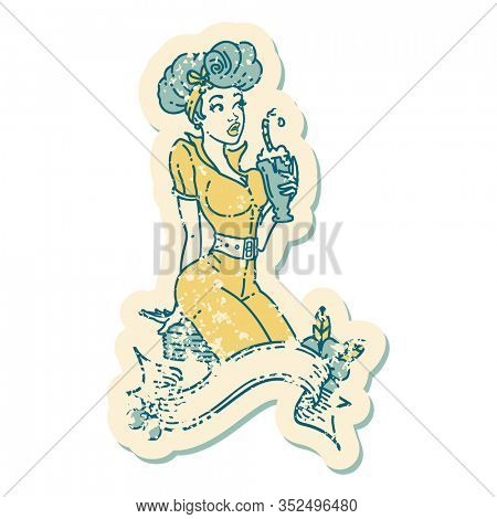 distressed sticker tattoo in traditional style of a pinup girl drinking a milkshake with banner