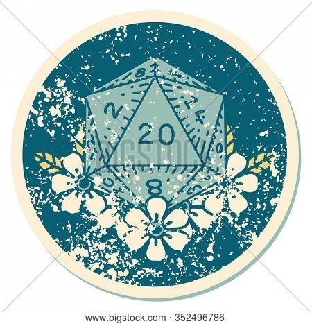 iconic distressed sticker tattoo style image of a d20