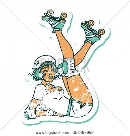 distressed sticker tattoo in traditional style of a pinup roller derby girl