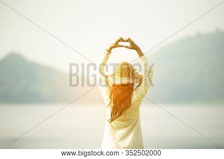 Back Side Woman Feeling Fresh Freedom Positive Energy Standing Grass Field Flower Meadow Internation
