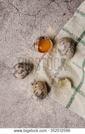 Ingredients For The Dough: Quail Eggs, Wholegrain Flour, Salt, Yeast, Water. Broken Eggs On The Tabl