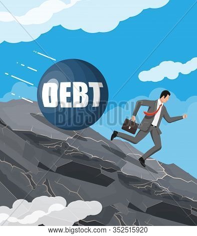 Businessman On Mountain Running Away From Big Debt Weight. Business Man With Briefcase And Wrecking 