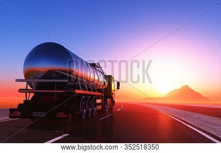 Truck driven by fuel on the road. ,3d render