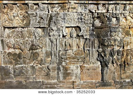 Bas-relief på væggen i Borobudur Temple