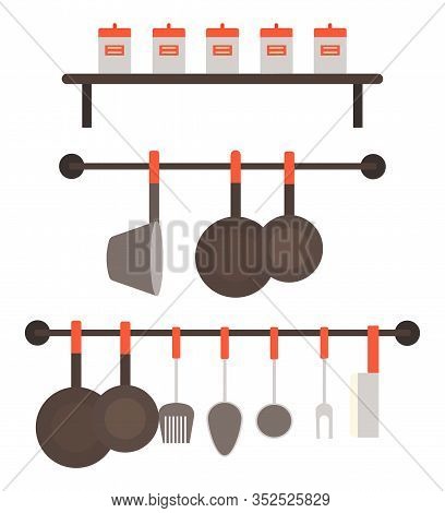 Set Of Pans, Skillet And Cutlery Isolated On White Background. Utensil Used To Hold And Cook Ingredi