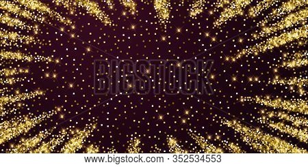 Sparkling Gold Luxury Sparkling Confetti. Scattered Small Gold Particles On Red Maroon Background. A