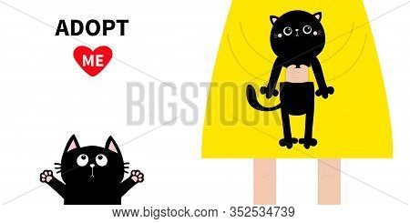 Adopt Me. Girl Holding Black Kitten. Cute Cartoon Funny Baby Chatacter. Hanging Body Paw Print, Tail