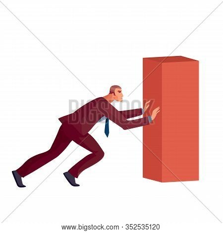 Businessman In A Red Suit Pushes Forward A Red Pillar Towards The Goal, Isolated Object On A White B