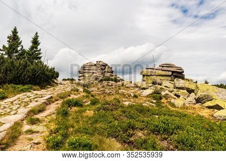 Divci Kameny Rocks With Stone Hiking Trail In Krkonose Mountains On Czech - Polish Border