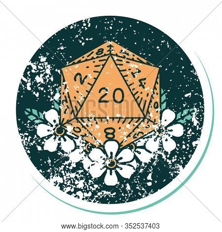iconic distressed sticker tattoo style image of a d20