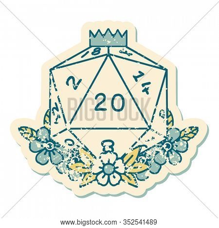 iconic distressed sticker tattoo style image of a d20
