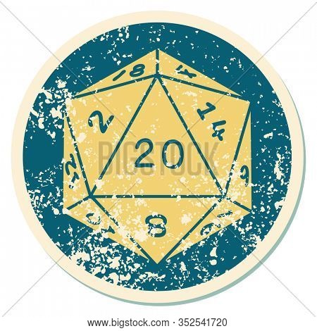 iconic distressed sticker tattoo style image of a d20 dice