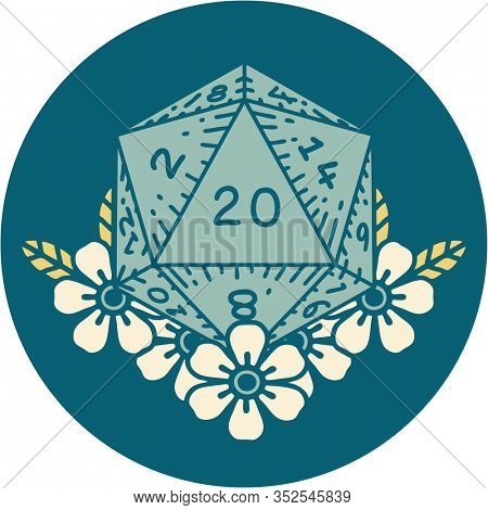 iconic tattoo style image of a d20