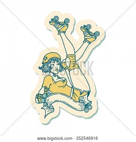 sticker of tattoo in traditional style of a pinup roller derby girl with banner