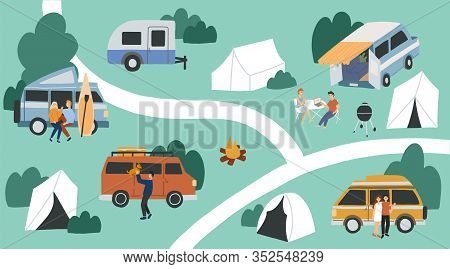 Van Life Concept. Hand Drawn Vector Flat Illustration. Campsite View. People Living In Campervans, T