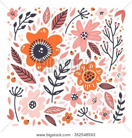 Set Of Different Hand Drawn Flowers, Leaves And Berries. Floral Print For Greeting Card, Pattern, Te