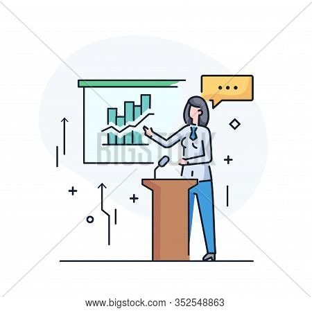 Businesswoman Coach At The Blackboard. Vector Eps 10. Training Business School. Cartoon Character - 