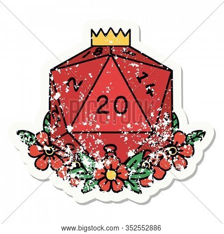 distressed sticker tattoo in traditional style of a d20