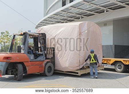 Forklift Is Lifting Train Head For Driving Simulation