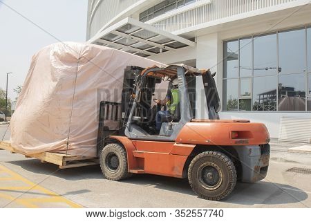 Forklift Is Lifting Train Head For Driving Simulation