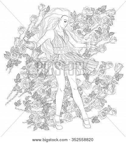 Beautifull Dancing Girl In A Patterned Dress For Coloring Book For Adults Drawn In Zentangle Style