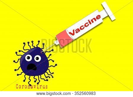 Coronavirus Vaccine. Conceptual Illustration For Vaccine, Health. A Virus Is Stung With A Syringe