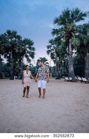 Couple Relax On The Beach In Pattaya Thailand Jomtien Beach With Beach Clubs And Restaurants