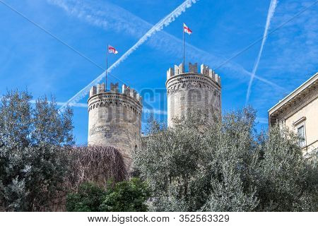 The Walls Of Genoa - The Gate Porta Soprana With Flags, Italy